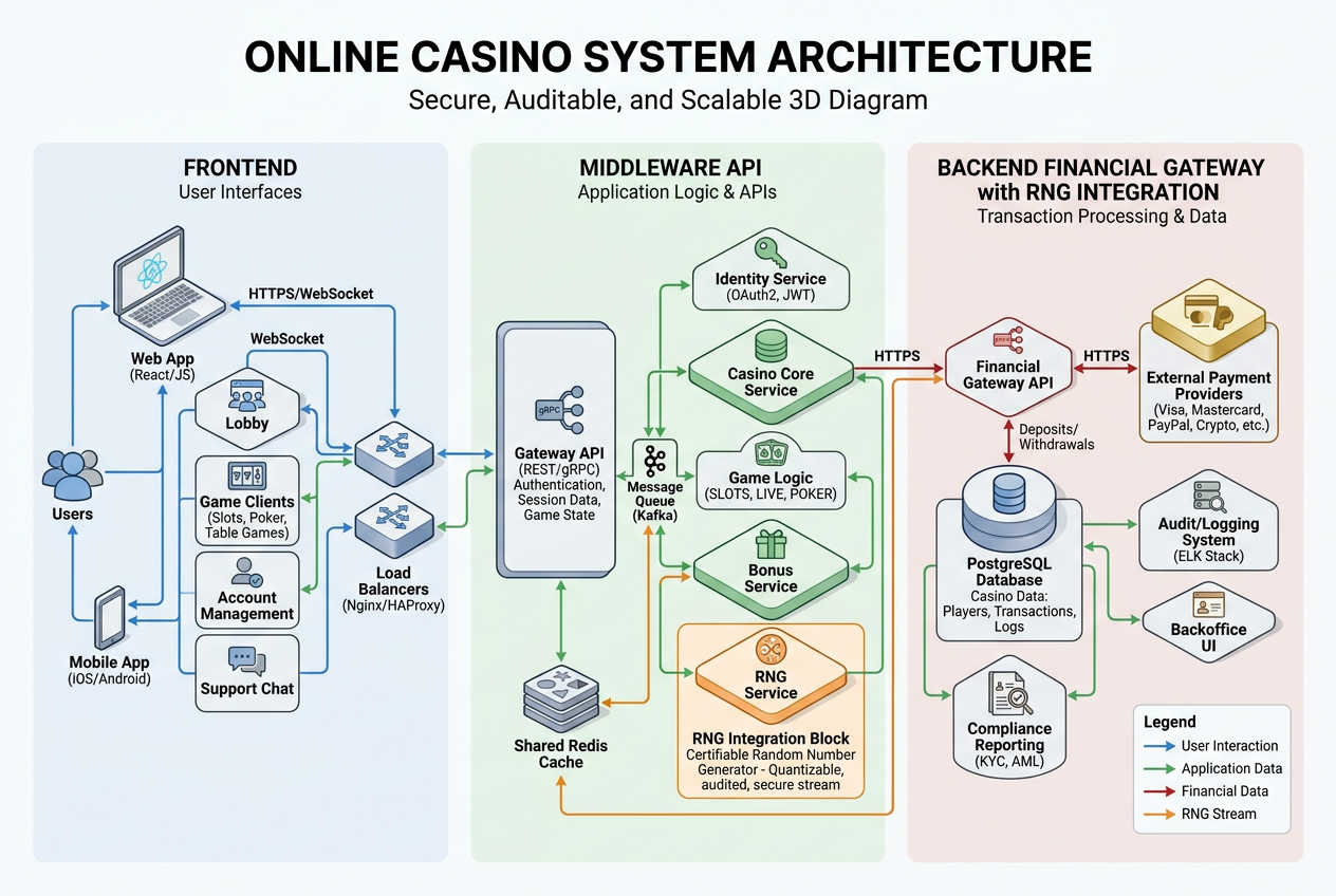 Architektura systemów kasynowych - schemat RNG i bramki płatniczej