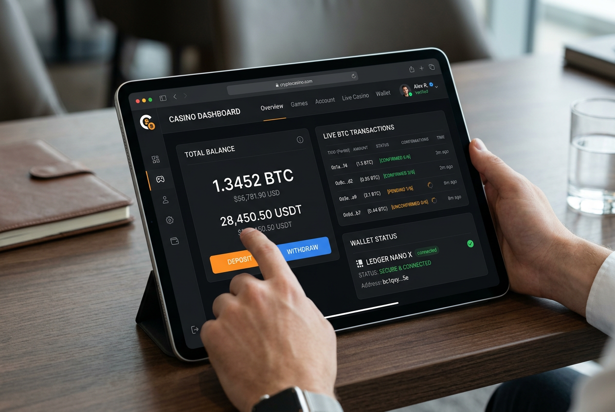 Interfejs nowoczesnego kasyna bitcoin z dashboardem płatności kryptowalutowych
