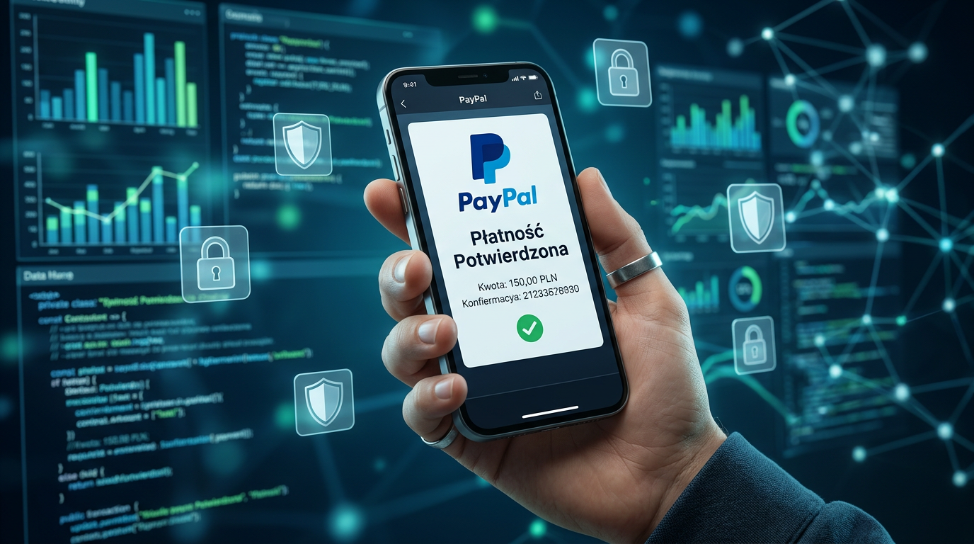 Smartfon z potwierdzeniem płatności PayPal w nowoczesnym otoczeniu technologicznym.