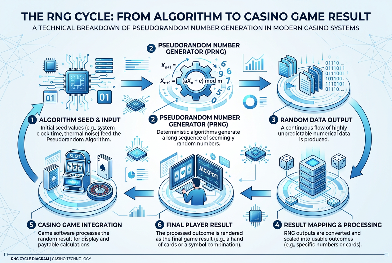 Infografika algorytmu Random Number Generator od nasiona do wyniku gry